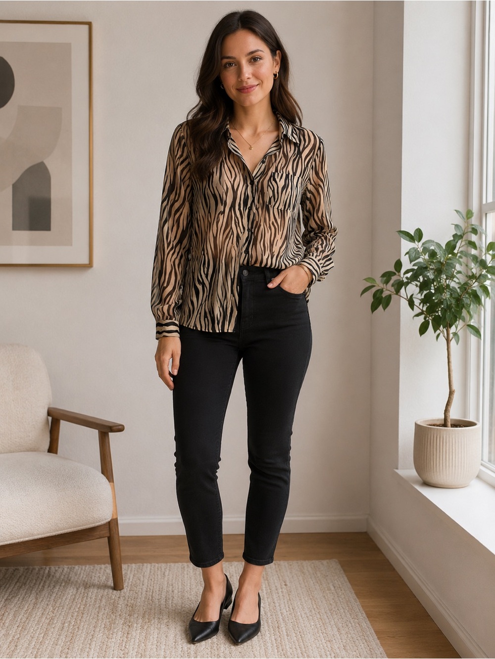 Guess Animal Print Button-Up Blouse in Tan and Black